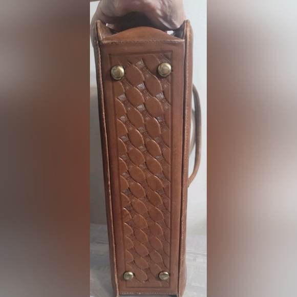 Vintage 70s Matador and Bull Elegant Brown Tooled Leather Bag Purse - Picture 3 of 8